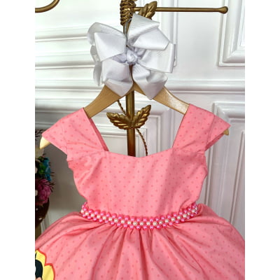 Vestido Infantil Magali Rosa Chiclete Flores Festa Luxo