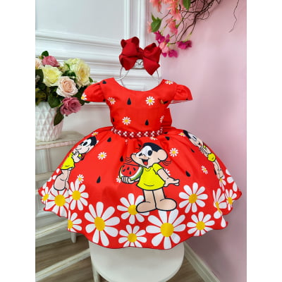 Vestido Infantil Magali Vermelha Flores Cinto de Pérolas