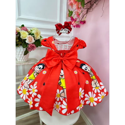 Vestido Infantil Magali Vermelha Flores Cinto de Pérolas