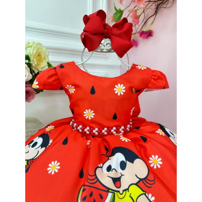 Vestido Infantil Magali Vermelha Flores Cinto de Pérolas