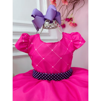 Vestido Infantil Maria Clara e JP Rosa Chiclete Cinto Pérolas