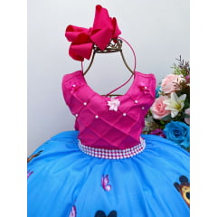 Vestido Infantil Masha e o Urso Pink Aplique Flores Pérolas Luxo