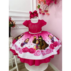 Vestido Infantil Masha e o Urso Pink e Busto C/ Strass