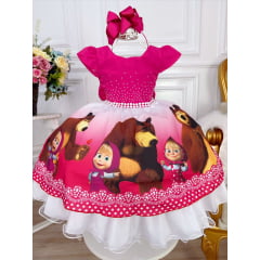 Vestido Infantil Masha e o Urso Pink e Peito Com Strass