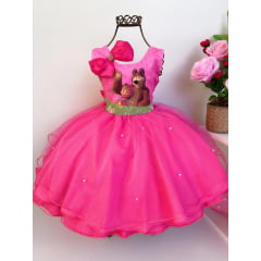 Vestido Infantil Masha e o Urso Pink Luxo com Laço e Pérolas