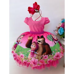Vestido Infantil Masha e o Urso Pink Strass e Cinto de Pérolas