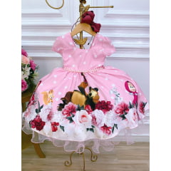 Vestido Infantil Masha e o Urso Rosa Bolinhas Brancas