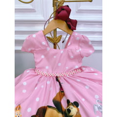 Vestido Infantil Masha e o Urso Rosa Bolinhas Brancas