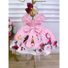 Vestido Infantil Masha e o Urso Rosa Bolinhas Brancas