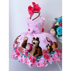 Vestido Infantil Masha e o Urso Rosa Borboletas Aplique Flor