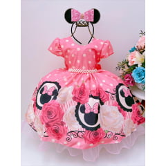 Vestido Infantil Minnie Flores Rosa Cinto de Pérolas Luxo