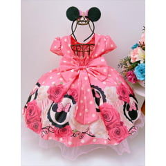 Vestido Infantil Minnie Flores Rosa Cinto de Pérolas Luxo