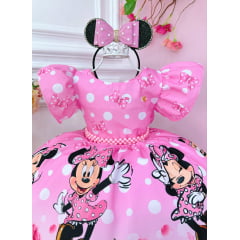 Vestido Infantil Minnie Florido de Rosas C/ Pérolas Festas