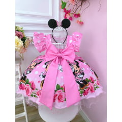 Vestido Infantil Minnie Florido de Rosas C/ Pérolas Festas