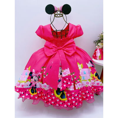 Vestido Infantil Minnie Pink Bolinhas Pérolas
