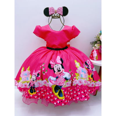 Vestido Infantil Minnie Pink Bolinhas Pérolas