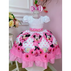 Vestido Infantil Minnie Rosa Bolinhas Pérolas Acompanha a Tiára