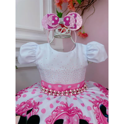 Vestido Infantil Minnie Rosa Bolinhas Pérolas C/ Tiara