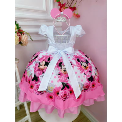 Vestido Infantil Minnie Rosa Bolinhas Pérolas C/ Tiara