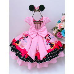 Vestido Infantil Minnie Rosa C/ Laço Florido e Strass