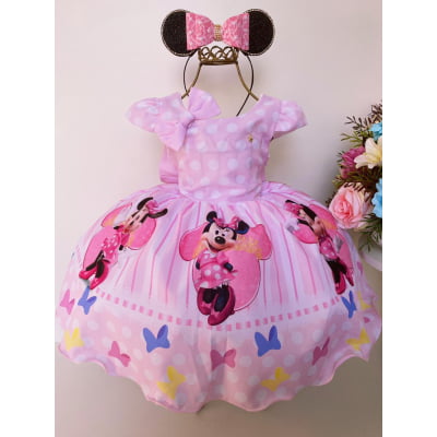 Vestido Infantil Minnie Rosa C/ Laço Para Cabelo Luxo