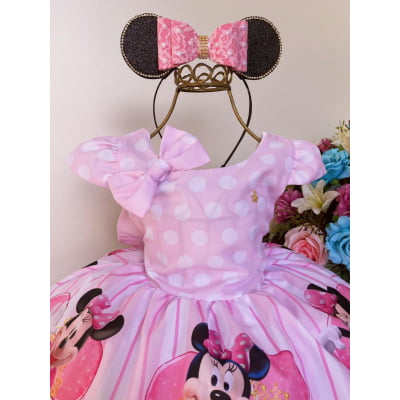 Vestido Infantil Minnie Rosa C/ Laço Para Cabelo Luxo