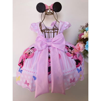 Vestido Infantil Minnie Rosa C/ Laço Para Cabelo Luxo