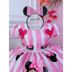 Vestido Infantil Minnie Rosa C/ Listras Cinto de Pérolas