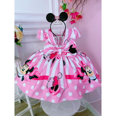 Vestido Infantil Minnie Rosa C/ Listras Cinto de Pérolas