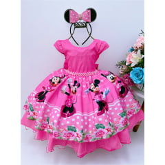 Vestido Infantil Minnie Rosa Chiclete Cinto de Pérolas Luxo
