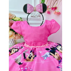 Vestido Infantil Minnie Rosa Chiclete Cinto de Pérolas Luxo