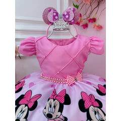 Vestido Infantil Minnie Rosa Cinto de Pérolas C/ Tiara