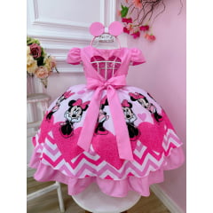 Vestido Infantil Minnie Rosa Cinto de Pérolas C/ Tiara