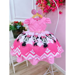 Vestido Infantil Minnie Rosa Cinto de Pérolas C/ Tiara