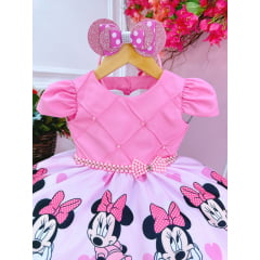 Vestido Infantil Minnie Rosa Cinto de Pérolas C/ Tiara