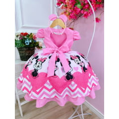 Vestido Infantil Minnie Rosa Cinto de Pérolas C/ Tiara