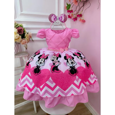 Vestido Infantil Minnie Rosa Cinto de Pérolas C/ Tiara