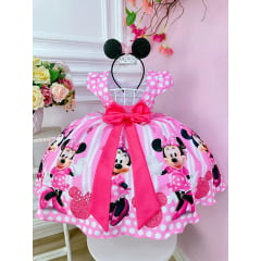 Vestido Infantil Minnie Rosa Cinto de Pérolas Princesas