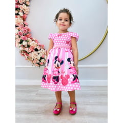 Vestido Infantil Minnie Rosa Cinto de Pérolas Princesas Bolinhas