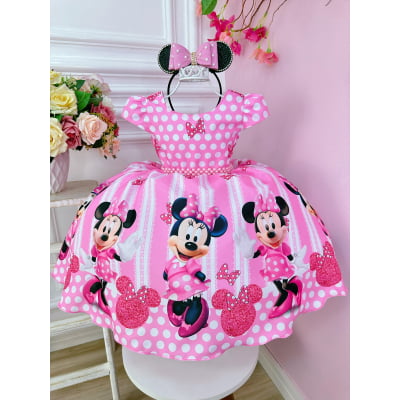 Vestido Infantil Minnie Rosa Cinto de Pérolas Princesas Bolinhas
