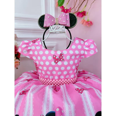 Vestido Infantil Minnie Rosa Cinto de Pérolas Princesas Bolinhas