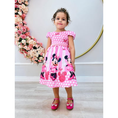 Vestido Infantil Minnie Rosa Cinto de Pérolas Princesas Bolinhas
