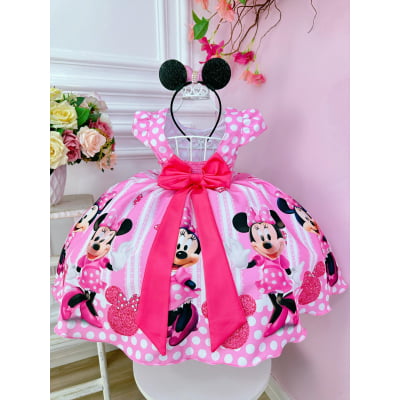Vestido Infantil Minnie Rosa Cinto de Pérolas Princesas Bolinhas