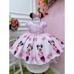 Vestido Infantil Minnie Rosa Com Bolinhas e Pérolas Festas