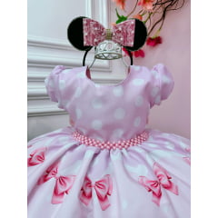 Vestido Infantil Minnie Rosa Com Bolinhas e Pérolas Festas