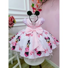 Vestido Infantil Minnie Rosa Com Bolinhas e Pérolas Festas