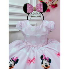 Vestido Infantil Minnie Rosa Com Bolinhas e Pérolas Luxo