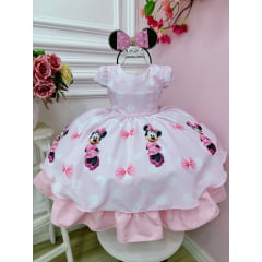 Vestido Infantil Minnie Rosa Com Bolinhas e Pérolas Luxo