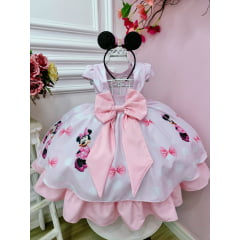 Vestido Infantil Minnie Rosa Com Bolinhas e Pérolas Luxo