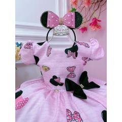 Vestido Infantil Minnie Rosa Com Broche de Laço Luxo